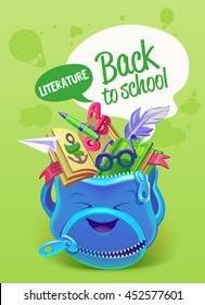 Colorful backpack with school subjects. Poster Design in Colorful Background back to school. Literature.