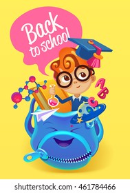 Colorful backpack with school subjects. Poster Design in Colorful Background back to school. Back to school.