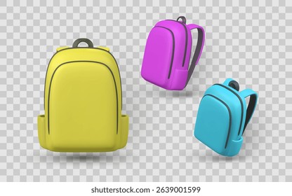 Colorful Backpack Set, Modern Minimal School Bags in Yellow, Pink, and Blue with 3D Realistic Style on Transparent Background. Vector Illustration.