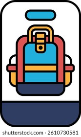 A colorful backpack is shown on a white background. The backpack is red, blue, and yellow