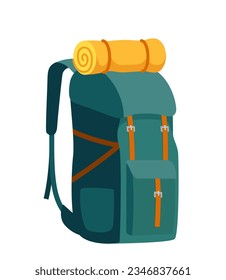 Colorful backpack for traveling, hiking, camping. Tourist retro back pack. Classic styled hiking backpack with sleeping bag. Camp and hike bag. Vector illustration