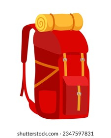 Mochila colorida para viajar, hacer senderismo, acampar. Mochila retro turística. Mochila de senderismo de estilo clásico con saco de dormir. Campamento y bolsa de senderismo. Ilustración del vector