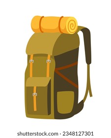 Colorful backpack for traveling, hiking, camping. Tourist retro back pack. Classic styled hiking backpack with sleeping bag. Camp and hike bag. Vector illustration