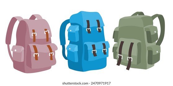 Colorful backpack vector set cute cartoon style.