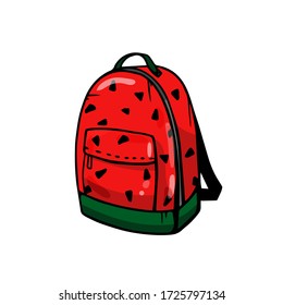 Colorful Backpack With Watermelon Print On An Isolated Background. Hand Drawing. Vector.