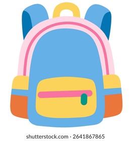 Colorful backpack with zippers and pockets in cartoon-style , ideal for school or kid-themed designs. Great for back-to-school visuals.
