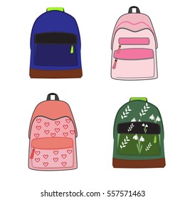 Colorful backpacks, flat design, spring, Valentine's Day. Vector illustration