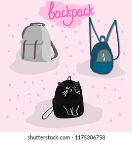 Colorful backpacks on pink background