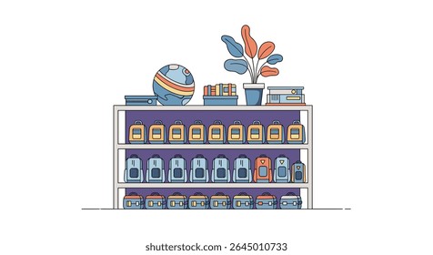 Colorful Backpacks on Shelves Arranged Neatly Displayed with Plants and Various Other Objects