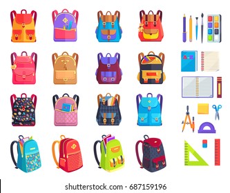 Colorful backpacks with patterns and metal locks and school supplies vector illustrations. Paint with brushes, convenient copybooks and stationery.