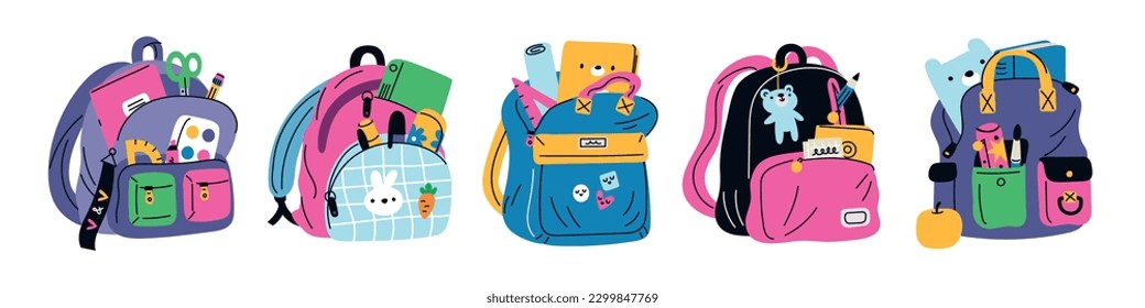 Colorful backpacks with school supplies. Kids rucksacks and stationery. Rulers and notebooks. Students bags with protruding accessories. Markers and pens. Garish vector