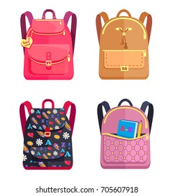 Colorful backpacks for schoolchildren, isolated schoolbag icons on white background. Vector illustration set of bags in back to school concept