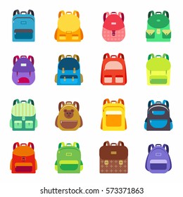 Pupil’s Colorful Backpacks Set. Student Satchels Collection.  Education and study, school backpack icons. 