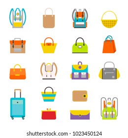 Pupil’s Colorful Backpacks Set. Set of stylish women's handbags - tote, shopper, hobo, bucket, satchel and pouch bags. Colourful ladies and mans handbags, woman accessories vector collection isolated 