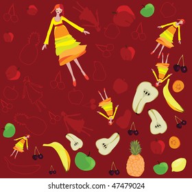 Colorful backround with fruits and girls
