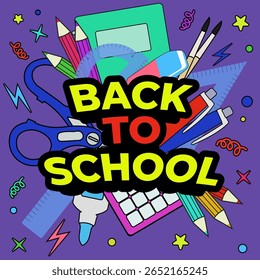 Colorful back-to-school collage with pencils, scissors, notebook, ruler, glue and calculator on purple background, featuring ‘Back to School’ text