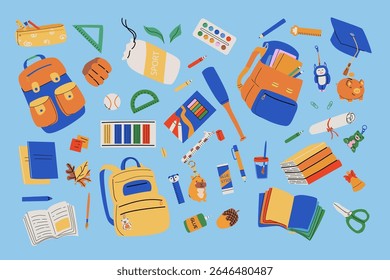 Colorful back-to-school elements vector set: stationery, art supplies, and PE gear for creative kids and early learners and back to college design elements