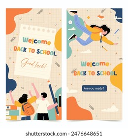 Colorful back-to-school illustrations featuring students, school supplies, and welcoming messages. Perfect for educational and learning themes.