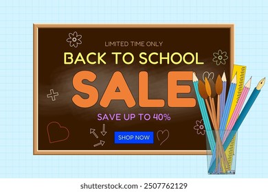 Colorful back-to-school sale banner featuring a chalkboard, stationery items, and a promotional discount offer. Perfect for educational marketing.