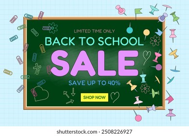 Colorful back-to-school sale banner featuring stationery items like push pins, paper clips, and a chalkboard offer. Perfect for promotions.