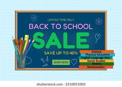 Colorful back-to-school sale banner featuring a chalkboard, school supplies, and stack of textbooks. Perfect for promotions and ads.