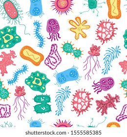 Colorful bacteria seamless pattern isolated on white background - dangerous virus germs in different shapes. Biology microscope view - flat vector illustration