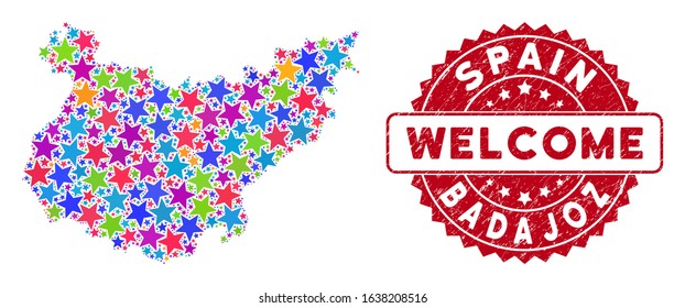 Colorful Badajoz Province map collage of stars, and grunge round red WELCOME stamp seal. Abstract territory scheme in colorful shades. Vector Badajoz Province map is created with colorful stars.