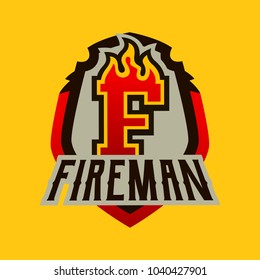 Colorful badge, emblem, logo, sticker on the theme of the work of firefighters. Burning letter, fire, shield, background. T-shirt printing, vector illustration