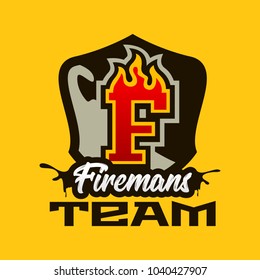 Colorful badge, emblem, logo, sticker on the theme of the work of firefighters. Burning letter, fire, shield, background. T-shirt printing, vector illustration