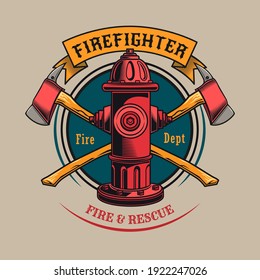 Colorful badge with fire hydrant vector illustration. Vintage label with crossed axes and red hydrant. Emergency and firefighting concept can be used for retro template