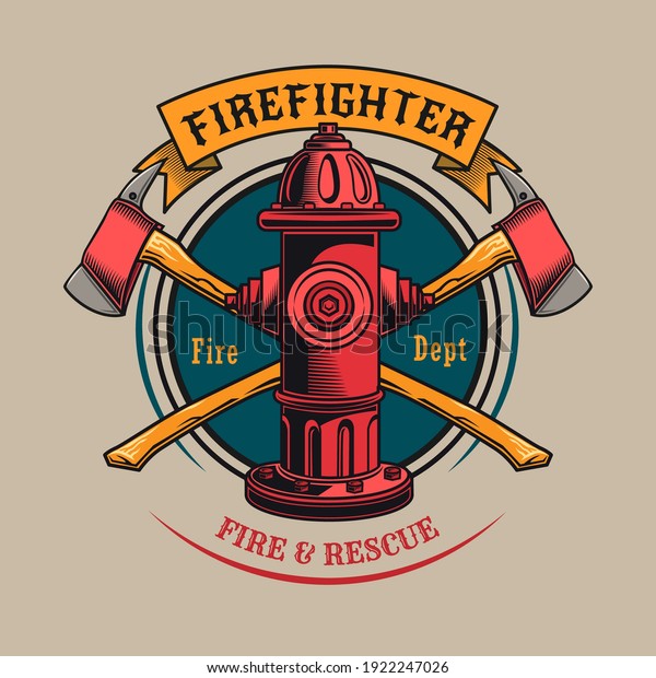 Colorful badge with fire
hydrant vector illustration. Vintage label with crossed axes and
red hydrant. Emergency and firefighting concept can be used for
retro template