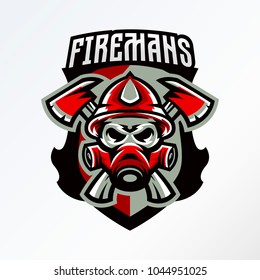 Colorful badge, logo, sticker, emblem skull fireman in gas mask and axes. Protection, rescue squad, uniform, bones, tools, fire, shield, lettering. T-shirt printing, vector illustration