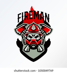Colorful badge, logo, sticker, emblem skull fireman in gas mask and axes. Protection, rescue squad, uniform, bones, tools, fire, shield, lettering. T-shirt printing, vector illustration