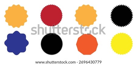 Colorful badge shapes collection — set of circular and polygonal starburst seals in orange, yellow, red, black, and blue tones, perfect for labels, stickers, and award design templates.