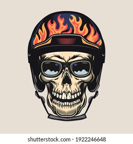 Colorful badge with smiling skull in sunglasses and helmet vector illustration. Retro tattoo with skull of biker in helmet with flames. Bikers club and freedom concept can be used for retro template - Shutterstock ID 1922246648