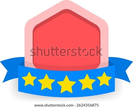 A colorful badge template featuring a red central shape, a blue ribbon, and five yellow stars