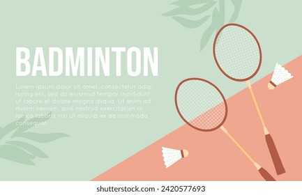 Colorful badminton illustration in retro style. Racket and shuttlecock lie on an abstract court, shadows of tropical foliage on background. Vintage vector banner design. Minimalistic art.