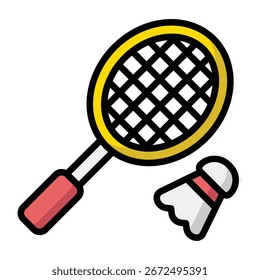 Colorful badminton racket with red handle and white shuttlecock, designed in flat cartoon style with bold outlines on a clean white background for sports and leisure concepts.