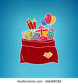 Colorful Bag of Santa Claus with Gifts on a Blue Background, a Bag with Gifts and Multicolored Firecrackers and Balloons,Vector Illustration