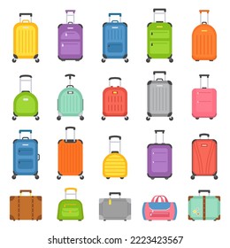 Colorful baggage bag set isolated on white background. Different plastic and leather luggage. Various travel suitcase, business bags. Cartoon flat vector illustration