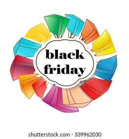 Colorful Bags in circle around black friday text in badge. Sale. Shopping and great discount time in mall, retail store. Fashion days. Retro dots. vector eps10.
