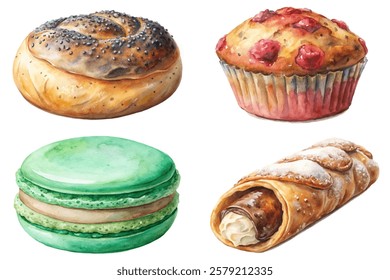 Colorful baked goods, watercolor illustration, delicious pastries, sweet treats, artistic food design, vibrant colors, gourmet desserts.