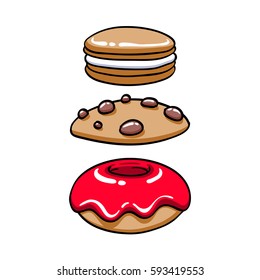 Colorful baked sweets icons set. Donut, macaroon and chocolate chips cookie vector illustration. Hand drawn doodle sketch.