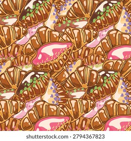 Colorful bakery background featuring assorted croissants with different sweet glazes, toppings and flavored fillings. Golden buttery pastries decorated with strawberry, chocolate, pistachio and lavender inspired toppings arranged in a dense overlapping composition. Perfect for food packaging, bakery branding, menu design, advertising, wrapping paper, wallpapers and culinary themed projects.