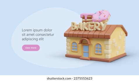 Colorful bakery with decorative desserts on roof. Sweets shop, confectionery online. Cute 3D house in cartoon style. Advertising layout with text and link button