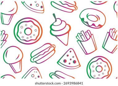 Ilustración vectorial colorida del patrón de la comida de la panadería con los postres y los bocados