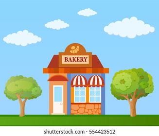 Colorful  bakery front view on nature background, vector illustration