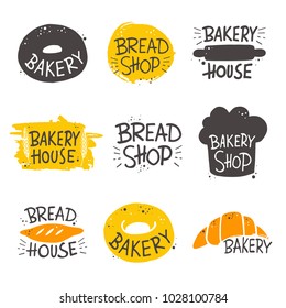 Colorful bakery lettering set. Hand drawn vector illustration. Can be used for badges, labels, logo, bakery, street festival, farmers market, country fair, shop, kitchen classes, cafe, food studio.