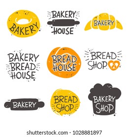 Colorful bakery lettering set. Hand drawn vector illustration. Can be used for badges, labels, logo, bakery, street festival, farmers market, country fair, shop, kitchen classes, cafe, food studio.
