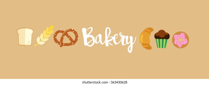 colorful bakery modern simple flat design illustration banner header with pastry shop products and white handwriting bakery sign typography with light cream brown background